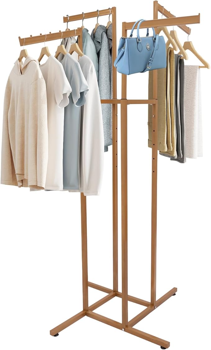 Clothing Rack - Heavy Duty 4 Way Adjustable Clothing Rack with Slanted Arms, Retail Clothing Rack Display With 2 Straight Arms and 2 Slanted Arms Perfect for Clothing Store Display (Gold)