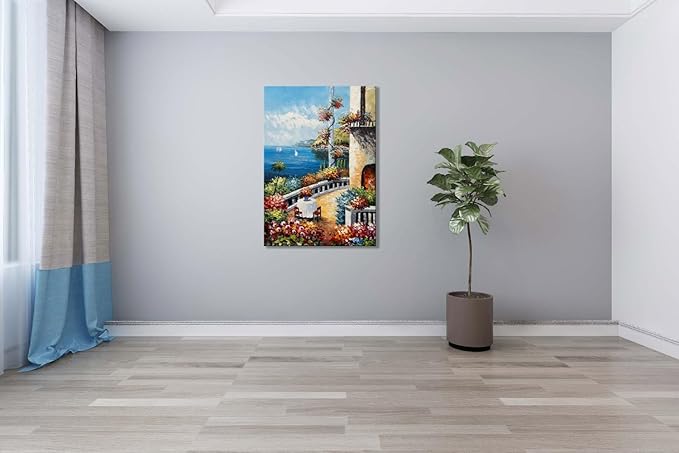 Alenoss Hand Painted Abstract Vertical Canvas Wall Art 28x40 Inches Large 3D Modern Acrylic Painting Mediterranean Sea Landscape Blue Artwork Wall Decor for Home Decorations