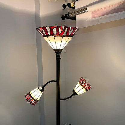 Bieye L10838 Fire Flame Tiffany Style Stained Glass Torchiere Floor Lamp with Sidelights for Reading, 70-inches Tall (Flame, Red)