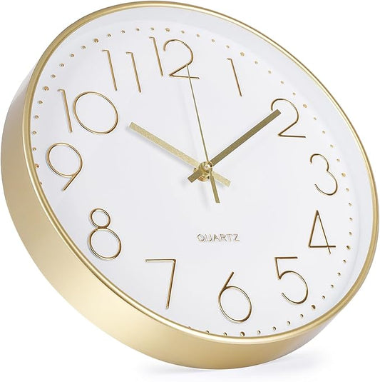 Wall Clock Non-Ticking Silent Modern Simple Style Round Decor Clock Stereoscopic Dial Quartz Wall Clocks for Home/Office/School/Living Room/Bedroom/Kitchen (Gold, 8inch)