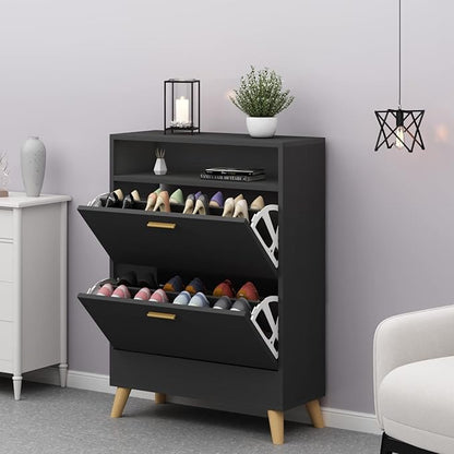 Shoe Storage Cabinets, 16 Pairs Free Standing Shoe Organizer with 2 Flip Drawers for Entryway, Narrow 3 Tier Entryway Hidden Shoe Rack with Doors (Dark Black)
