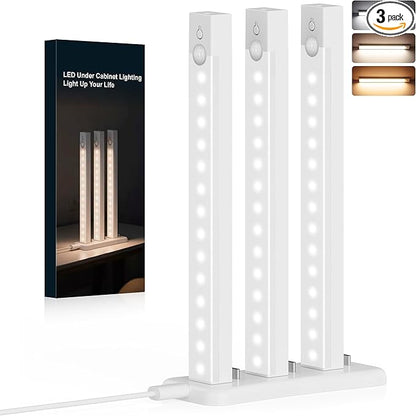 3-Pack Under Cabinet Lighting with Charging Station 8-Inch Rechargeable Motion Sensor Light Indoor 3 Color Dimmable Closet Light, USB Stick on LED Magnetic Under Counter Lights for Kitchen Stair