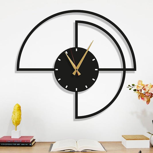 Half-Circle Modern Wall Clock 14-Inch – Black Metal, Silent Non-Ticking Quartz Movement, Sleek Contemporary Design for Kitchen, Bedroom, Office