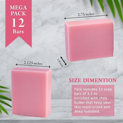 Rose Scented Natural Soap Bars (12 Bars), 3.5oz Moisturizing French Triple Milled Soap Bars Enriched with Shea Butter - Pure Plant Oil Bath & Body Bars