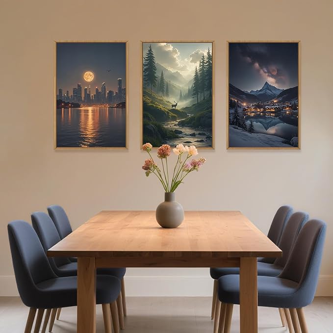 Large Modern City Moon Framed Canvas Wall Art,Forest Misty Wall Decor,Winter Town Night Wall Painting,Nature Landscape Picture Artwork for Living Room,Bedroom,Dining Room,Office -16"x24"x3