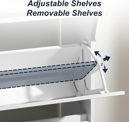 Shoe Cabinet Organizer with 2 Flip Drawers，Freestanding Shoe Rack Cabinet，Narrow Shoe Cabinet Storage for entryway, Foyer, Hallway, White, 23.6" W