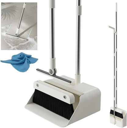 Magnetic Broom and Dustpan Set with Silicone Broom Squeegee, 55'' Broom with Dustpan Combo Set Self-Cleaning Teeth Design Upright Standing Dustpan Blue Microfiber Cloth for Indoor Floor Home Kitchen