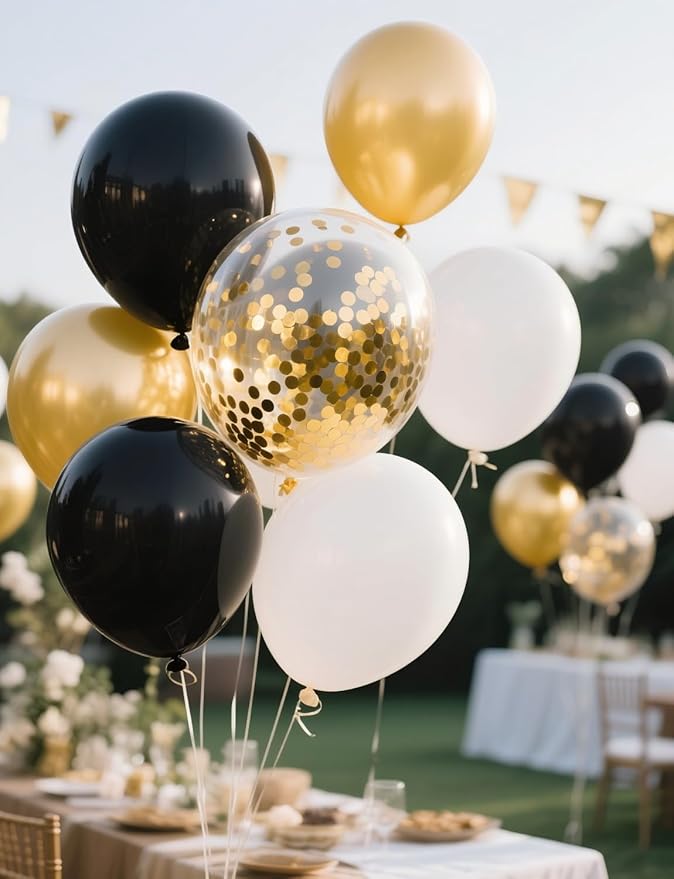 Black White Gold Confetti Balloons Garland Kit, 66Pcs 12 Inch Latex Party Balloons with Metallic Ribbons for Elegant Birthday Wedding Baby Shower Graduation Arch Decorations