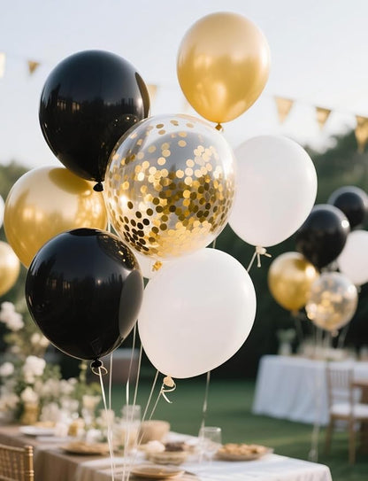 Black White Gold Confetti Balloons Garland Kit, 66Pcs 12 Inch Latex Party Balloons with Metallic Ribbons for Elegant Birthday Wedding Baby Shower Graduation Arch Decorations