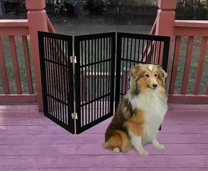 Pet Dog Gate Strong and Durable Freestanding Folding Acacia Hardwood Portable Wooden Fence Indoors or Outdoors by Urnporium (Black Pet Gate, 3 Panel 30" Tall)