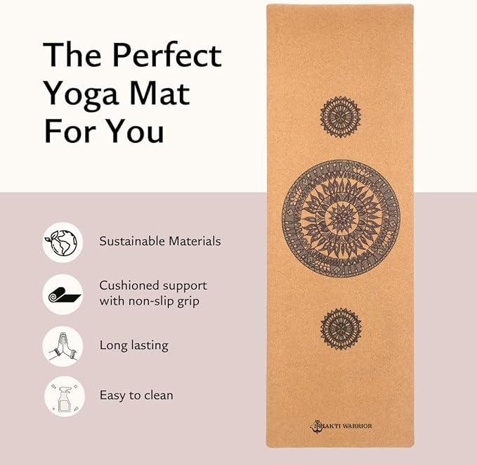 Shakti Warrior Mandala Pro Cork Yoga Mat - Premium Printed Natural Eco-Friendly Non-Slip Mat Great for Regular & Hot Yoga, Pilates, Workouts (72 inch x 24 inch x 3mm Thick)