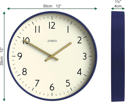 JONES CLOCKS® Studio Wall Clock | Modern Round Style | 12 inch | Dark Navy Blue | Easy to Read Numbers | Versatile Design for Kitchen, Living Room or Office