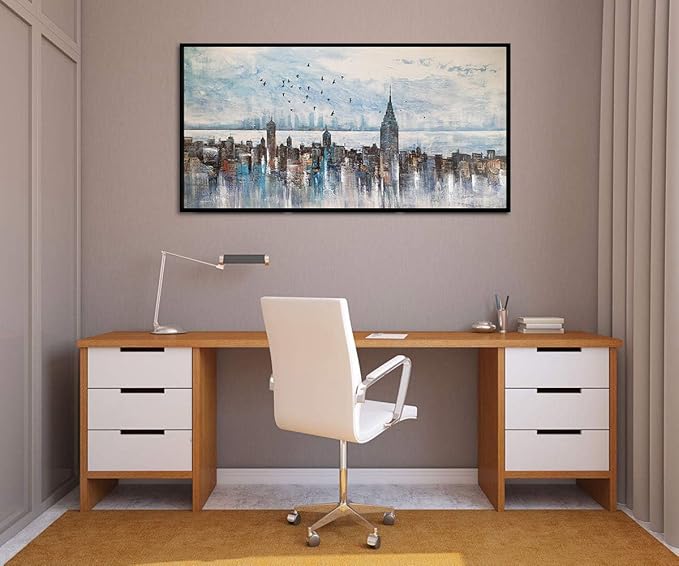 Arjun Cityscape Wall Art New York City Buildings Picture Modern Abstract Grey Skyline Birds NYC Painting Artwork for Bedroom Living Room Bathroom Home Office Decor, Large Size Black Framed 58"x29"