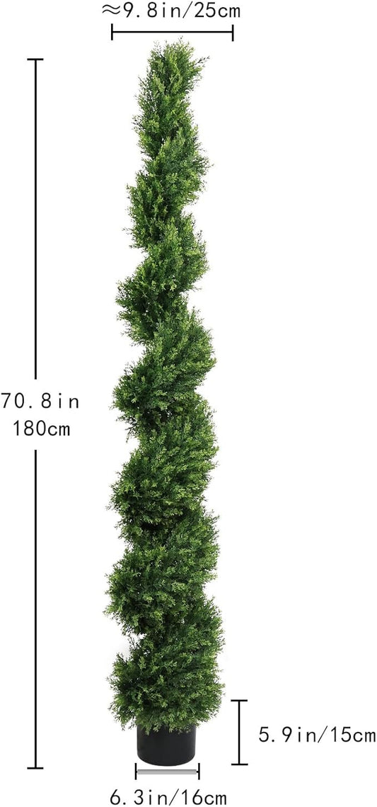THE BLOOM TIMES 6ft Spiral Artificial Topiary Trees Set of 2, 71 inch Faux Cedar Trees for Outdoor Planters - Fake Twist Cypress Plants for Garden Front Porch Indoor Outside Christmas Decor 6 Foot