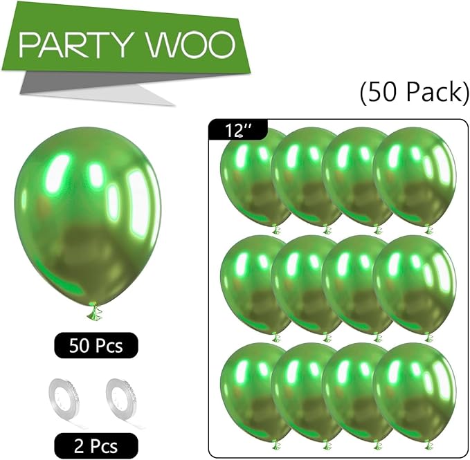 PartyWoo Metallic Green Balloons 50 pcs 12 Inch Metallic Apple Green Latex Helium Balloons for Graduation Halloween Safari Dinosaur Summer Weddings Baby Showers Birthday Party Decorations Green-G121
