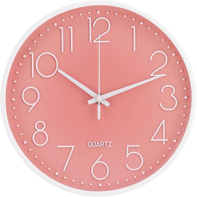 Wall Clock Non-Ticking Silent Modern Simple Style Round Decor Clock Stereoscopic Dial Quartz Wall Clocks for Home/Office/School/Living Room/Bedroom/Kitchen (Peach Pink, 8inch)