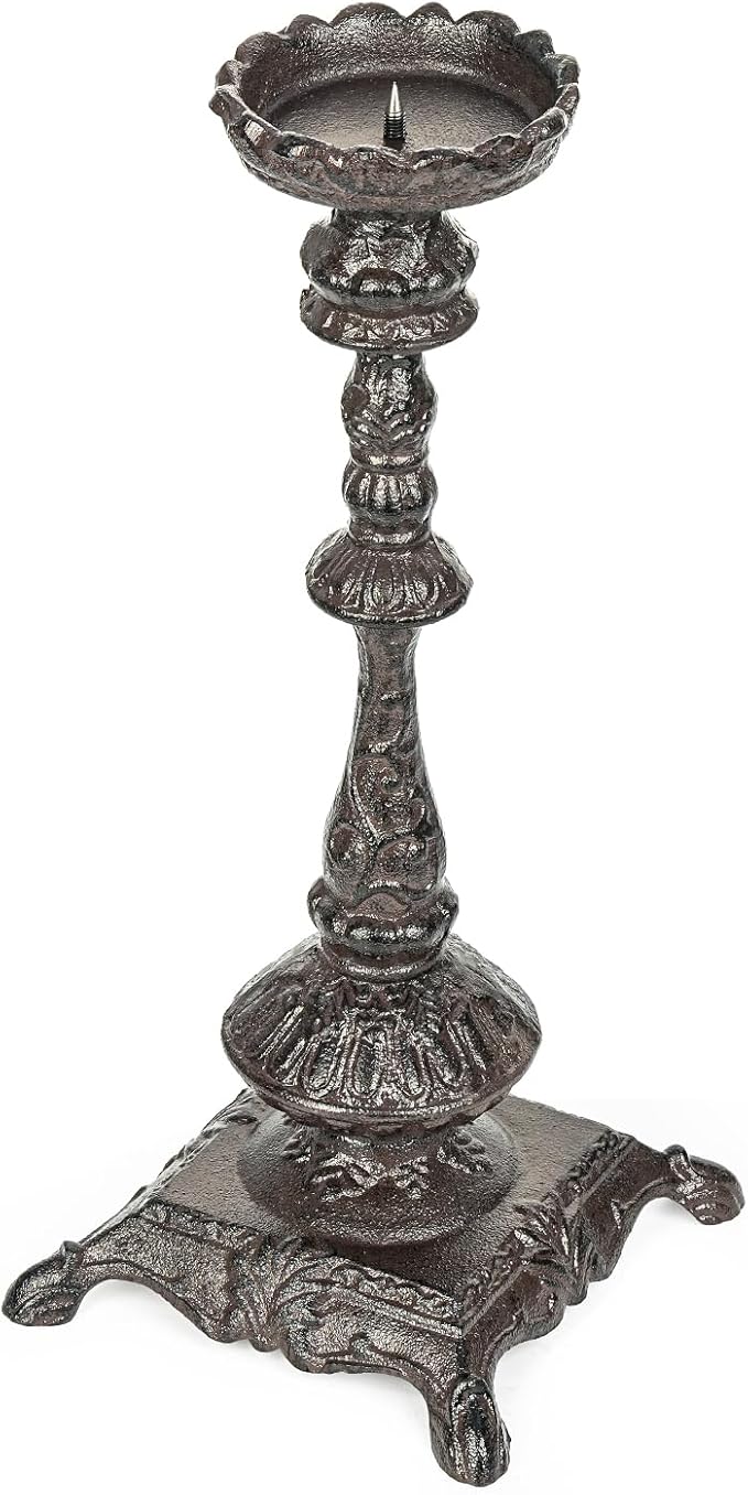 Sungmor Heavy Duty Cast Iron Candlestick Holders - Handcrafted Vintage Candelabra - 37CM/15Inch Tall 1-Head Candle Holder - Decorative Pillar Candle Stand for Christmas Birthday Wedding Home Party