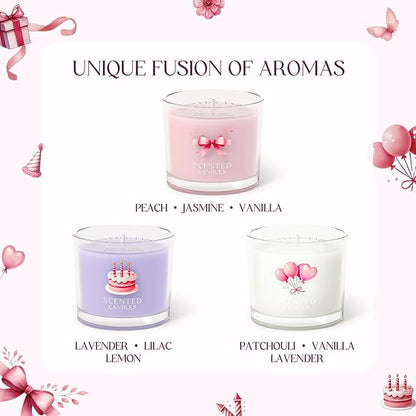 Birthday Candles, Scented Candles Gift Set for Stress Relief, 3 Votive Candles for Women and Men, Birthday Candle Gifts for Women (Pink + Purple + White, 7 oz)