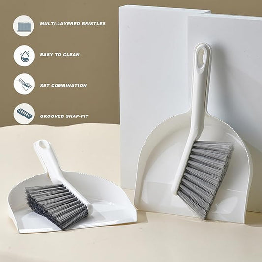 Mini Broom and Dustpan Set -Small Dustpan with Brush Set,Hand Broom and Dustpan Set, Compact Dustpan and Brush Combo for Kitchen, Floors, Desktop, Pet Care, Daily Cleaning (White+Light Gray)