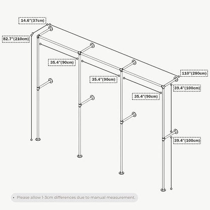 Industrial Pipe Clothing Rack, Heavy Duty Wall Mounted Clothes Rack, Retail Display Hanging Garment Rod for Laundry Rooms, Closet Storage 14.6x110x82.7 Inches, Model K07