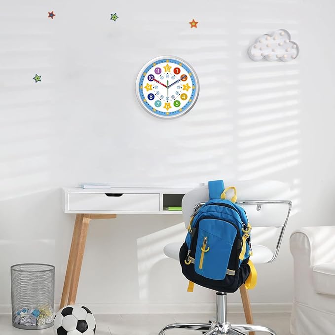 XFM Blue Kids Wall Clock 8 Inch Silent Non Ticking Quartz Battery Operated Decorative Time Teaching Clock for Children Bedroom Nursery Room Classroom