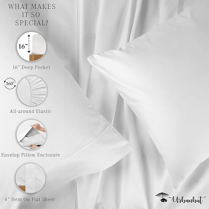 URBANHUT 800 Thread Count Egyptian Cotton Sheets California King Size, Long Staple Sheets Set for Cal King Bedding, 4 Pc Bed Sheet Sets, Luxury Hotel Sateen Sheets Fits 16" Deep Pocket - White