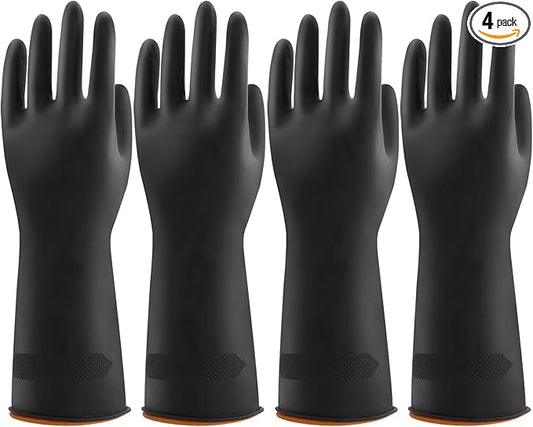 4 Pairs Black Rubber Dishwashing Gloves - Reusable Cleaning Gloves for Kitchen, Household, Anti-Slip, Flexible & Long-Lasting (X-Large, Black)