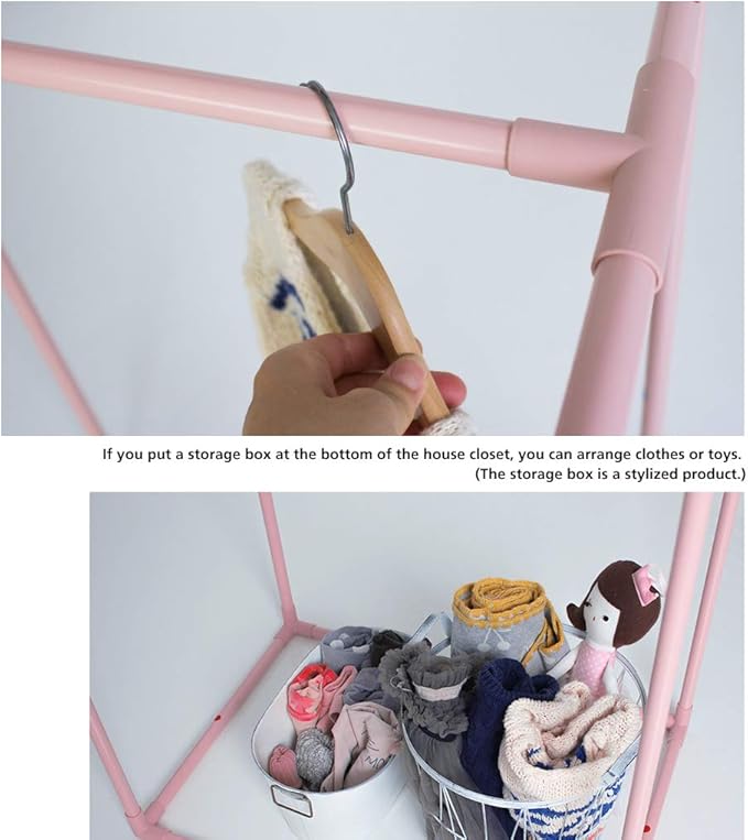 PETITE MAISON Kids Closet - Dress up Clothing Garmet Rack, Hanging Costume Organizer with Cute House Frame, Handmade Premium Quality, 25" x 17" x 47", Aluminium Super-Light, Medium Pink