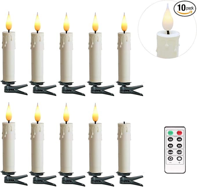 Romingo Flameless Candles Christmas Decor, 10PCS Led Flickering Lights Battery Operated with Remote Timer/Clips, Window Candles for Home Indoor Outdoor Wedding Halloween Christmas Trees Decor