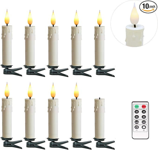Romingo Flameless Candles Christmas Decor, 10PCS Led Flickering Lights Battery Operated with Remote Timer/Clips, Window Candles for Home Indoor Outdoor Wedding Halloween Christmas Trees Decor