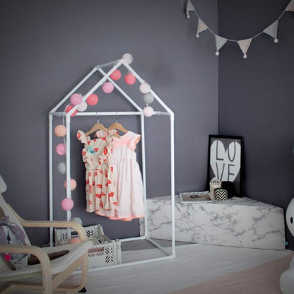 PETITE MAISON Kids Closet - Dress up Clothing Garmet Rack, Hanging Costume Organizer with Cute House Frame, Handmade Premium Quality, 25" x 17" x 47", Aluminium Super-Light, Medium White