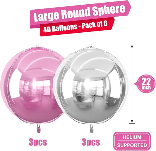 6Pcs Pink Silver Round Foil Balloons, 22inch 4D Metallic Silver Pink Balloons, Large Round Foil Ball Balloon for Girls Women Birthday Anniversary Baby Shower Wedding Party Backdrop Decorations