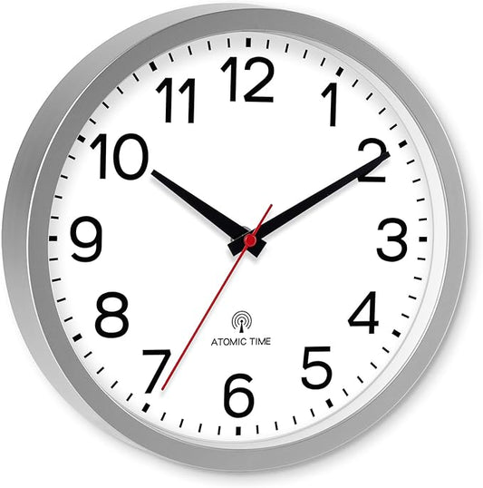 AKCISOT Atomic 12 Inch Wall Clock Analog Clocks for Indoor Kitchen, Battery Operated Clock for Bedroom Office Classroom Living Room(Silver)