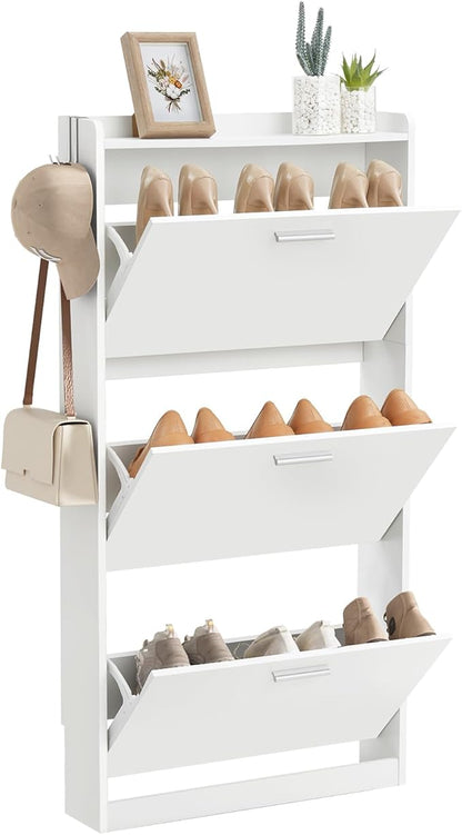 Shoe Cabinet Organizer with 3 Flip Drawers，Freestanding Shoe Rack Cabinet，Narrow Shoe Cabinet Storage for entryway，Foyer, Hallway, White, 23.6" W × 6.3" D × 47.2" H