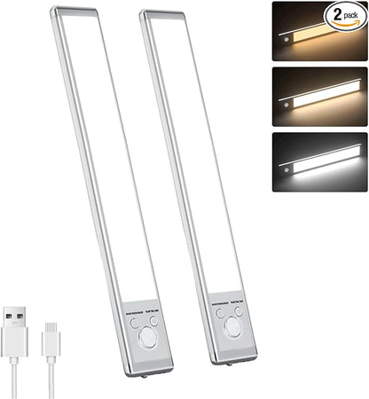 Motion Sensor Under Cabinet Lighting-Magnetic Rechargeable Closet Lights for Kitchen,Stairs,Wardrobe | 3-Color Dimmable LED Under Counter Lighting | Cord-Free Light Bars (12inch-2Pack)