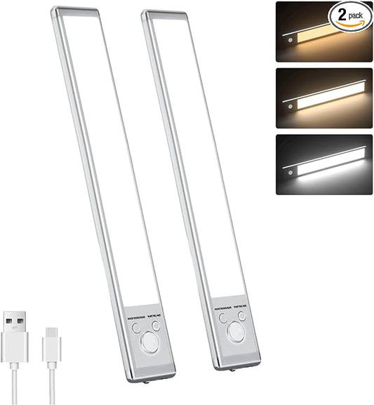Motion Sensor Under Cabinet Lighting-Magnetic Rechargeable Closet Lights for Kitchen,Stairs,Wardrobe | 3-Color Dimmable LED Under Counter Lighting | Cord-Free Light Bars (12inch-2Pack)