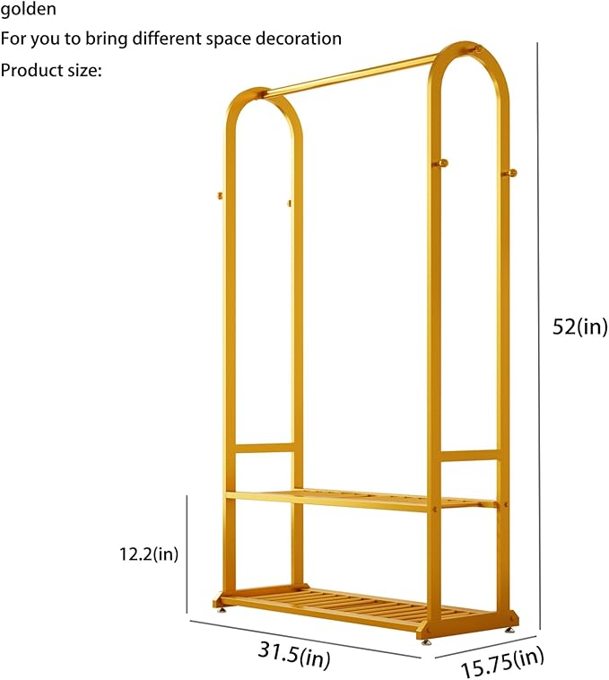 heavy duty clothes rack,gold clothing rack with bottom shelves and 6 side hooks,Metal garment rack for hanging clothes for Bedroom
