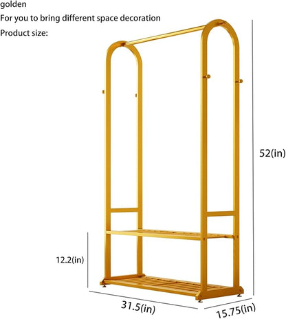 heavy duty clothes rack,gold clothing rack with bottom shelves and 6 side hooks,Metal garment rack for hanging clothes for Bedroom