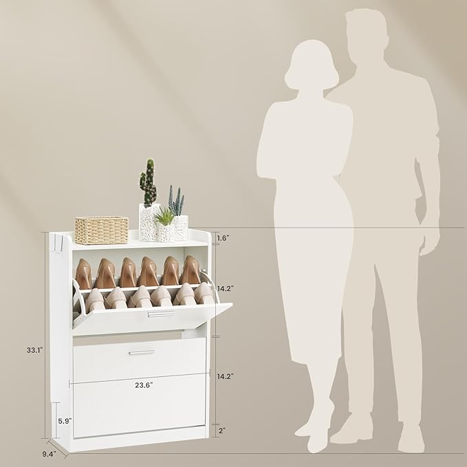 Shoe Cabinet Organizer with 2 Flip Drawers & 2-Tier Adjustable Shelves, Freestanding Shoe Rack Cabinet, Narrow Shoe Storage for Entryway, Foyer, Hallway, White, 23.6" W × 9.4" D × 33.1" H