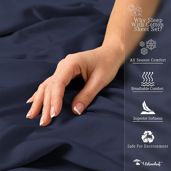 URBANHUT King Size Sheets - Egyptian Cotton, 4 Pc Bed Sheet Set, Luxury Hotel Sateen, Fits 16" Deep Pocket - Navy Blue