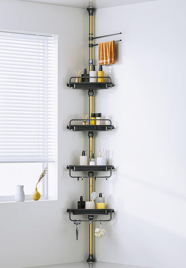 Upgrade Sturdy Shower Caddy Tension Pole Black and Gold Corner Shower Caddy 18/8 Stainless Steel Rustproof 4 Tier Adjustable Shelves for Bathtub Shampoo Accessories Storage Rack 32-122inch