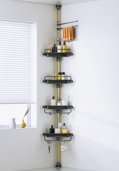 Upgrade Sturdy Shower Caddy Tension Pole Black and Gold Corner Shower Caddy 18/8 Stainless Steel Rustproof 4 Tier Adjustable Shelves for Bathtub Shampoo Accessories Storage Rack 32-122inch