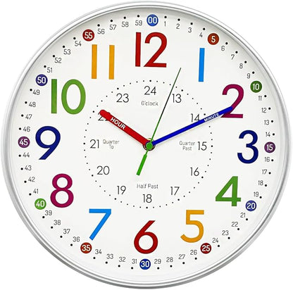 Learning Wall Clock for Kids Bedrooms, 12in Classroom Analog Clock for Kids Learning to Tell Time