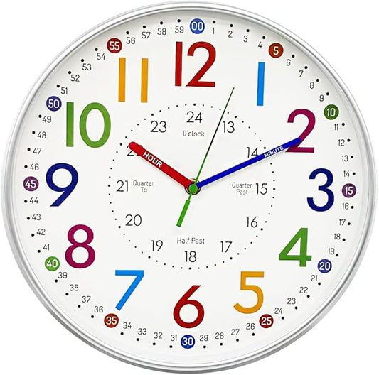 Learning Wall Clock for Kids Bedrooms, 12in Classroom Analog Clock for Kids Learning to Tell Time