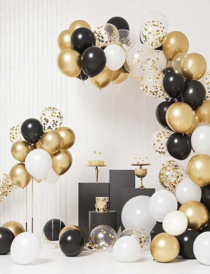 Black White Gold Confetti Balloons Garland Kit, 66Pcs 12 Inch Latex Party Balloons with Metallic Ribbons for Elegant Birthday Wedding Baby Shower Graduation Arch Decorations