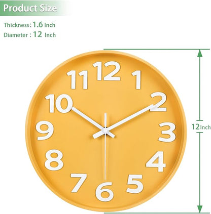 45MinST 12-Inch Modern Yellow Indoor/Outdoor Wall Clock, Silent Non-Ticking, Large Numbers, Accurate Timekeeping, Perfect Decorative Accent for Home or Office (Yellow)