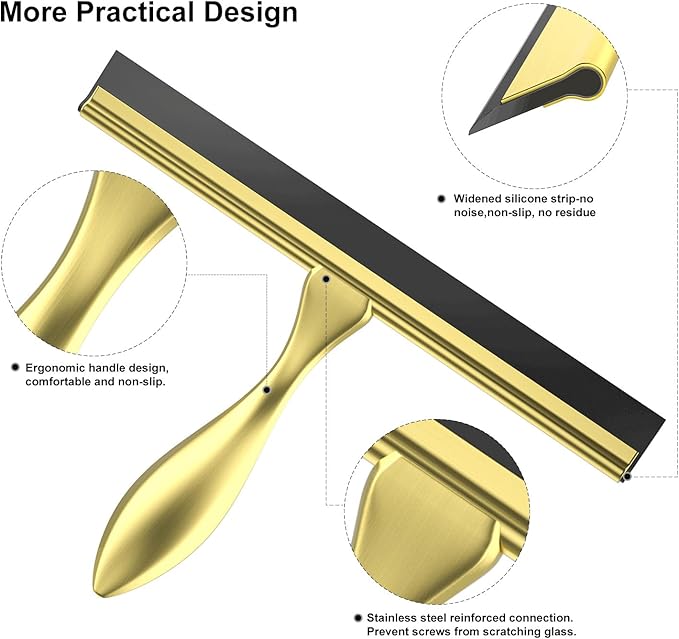 peafowl 12 inch Shower Squeegee Stainless Steel Bath Squeegee for Shower Glass Doors Bathroom Windows Kitchen Mirror and Car Glass with Hooks Holder (12 inch, Gold)
