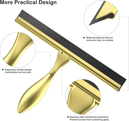 peafowl 14 inch Shower Squeegee Stainless Steel Bath Squeegee for Shower Glass DoorsBathroom Windows Kitchen Mirror and Car Glass with Hooks Holder (14 inch, Gold)