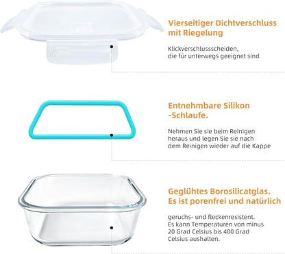 Meal Prep Boxes Glass Containers with Lid, Dishwasher Food Storage Containers with Lid, Microwave and Freezer Friendly, Leak-Proof (Light Green, 320+520+800+1200ml)