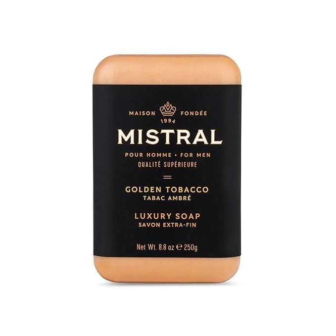 Mistral Golden Tobacco Luxury Bar Soap for Men | Men’s Natural Soap Bar | Paraben, Phthalates Free | Moisturizing & Triple-Milled Natural Soap for Men - Made in France | Large, 8.8 oz
